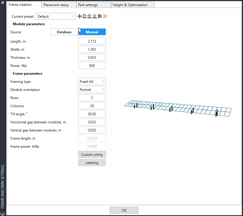 Animated GIF of the PVcase Ground Mount component database interface showing a cursor selecting between cloud database tracking and manual data input; the cloud database tab features dropdown selections for certified manufacturer models and real-time certified equipment specifications, while the manual input tab displays custom fields for module length, height, width, and physical dimensions.