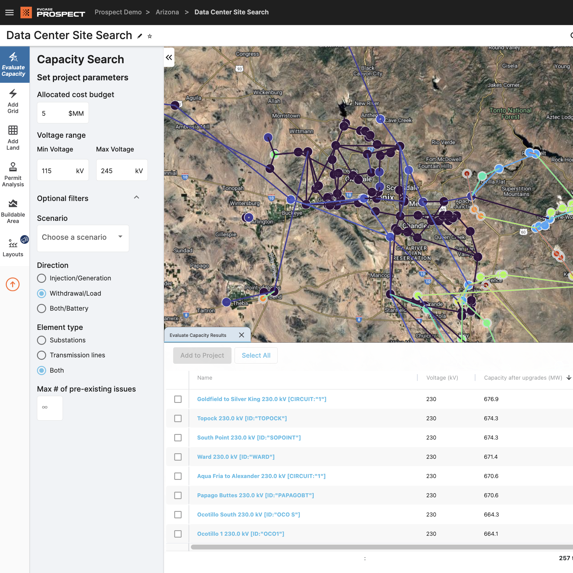 PROSPECT capacity screenshot