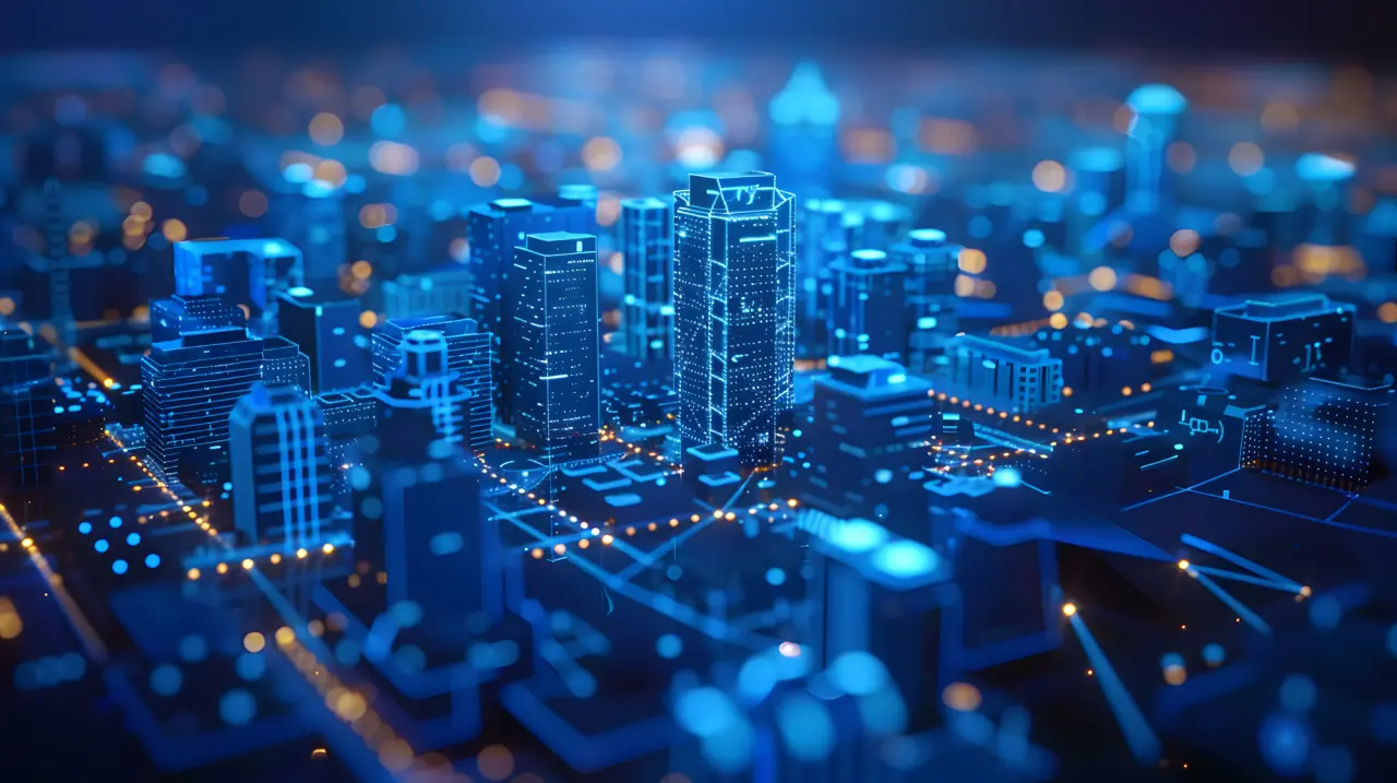 3D, Komputer-generierte Abbildung von einer mit blauen Lichtern beleuchteten Miniaturstadt.