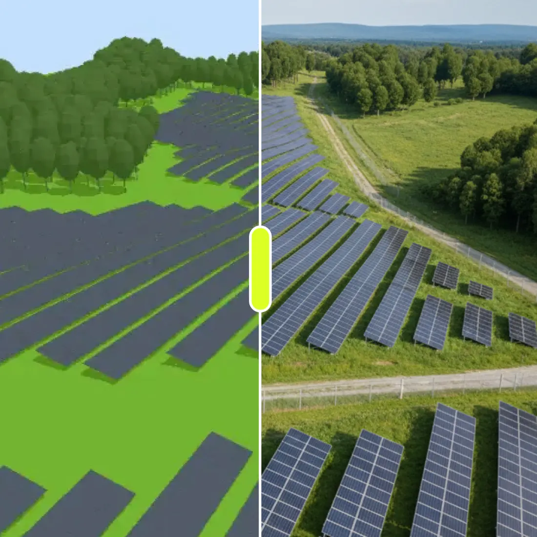 3D visualization of solar array placement on uneven terrain, showing slope-aware design capabilities.