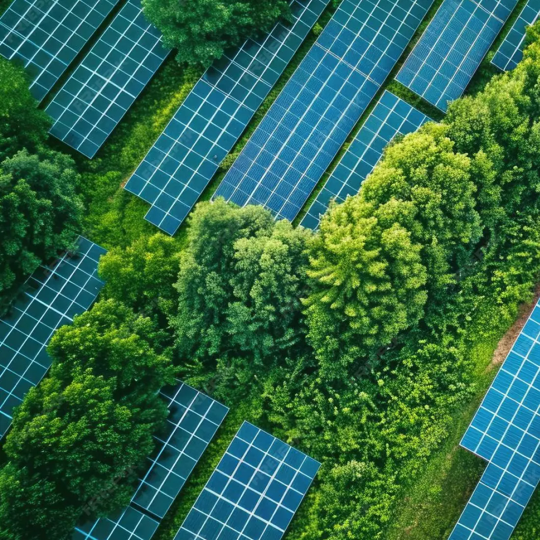 Aerial view of solar panels integrated within a green landscape, representing sustainable solar development.
