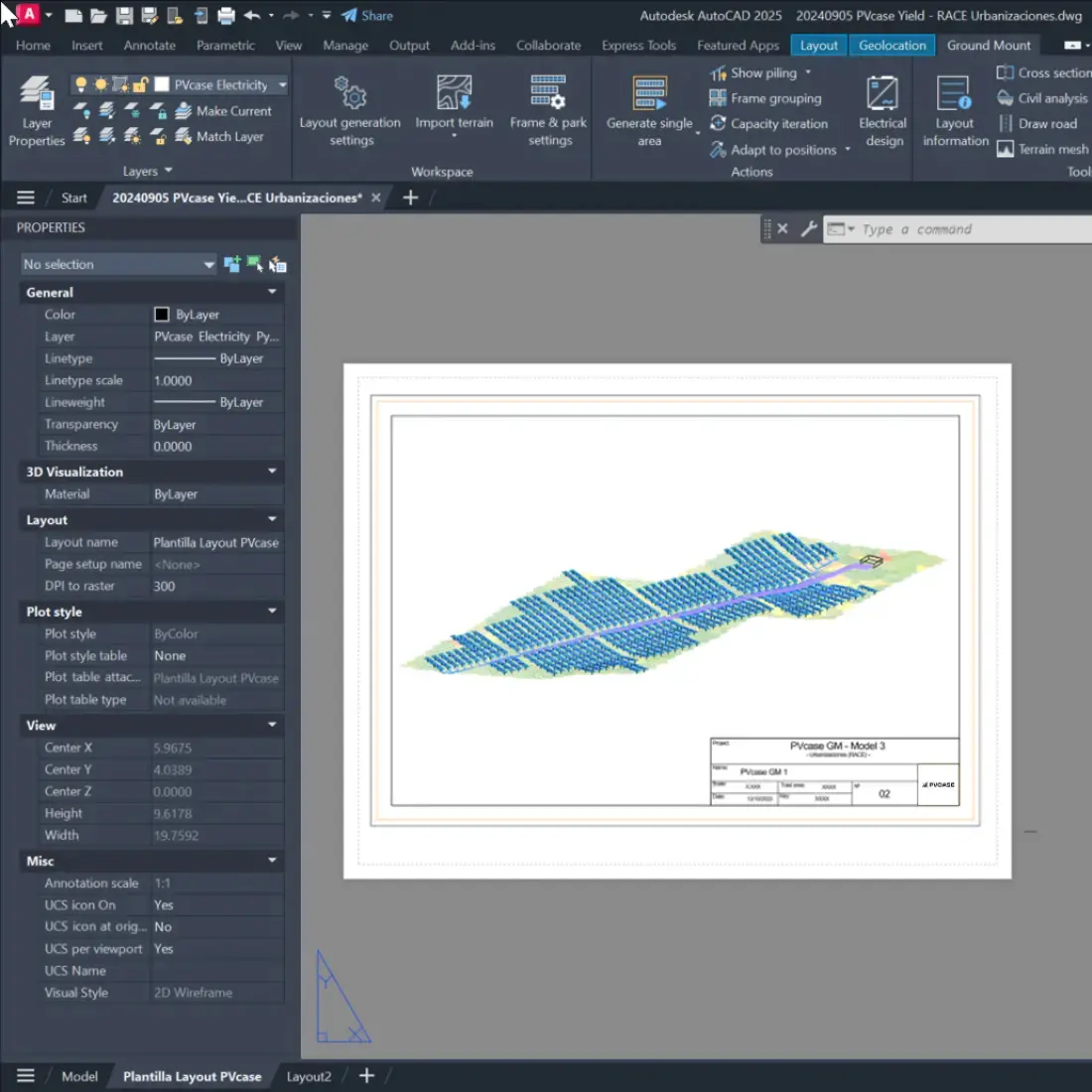 Screenshot of PVcase design software illustrating terrain-aware solar layout and engineering planning.