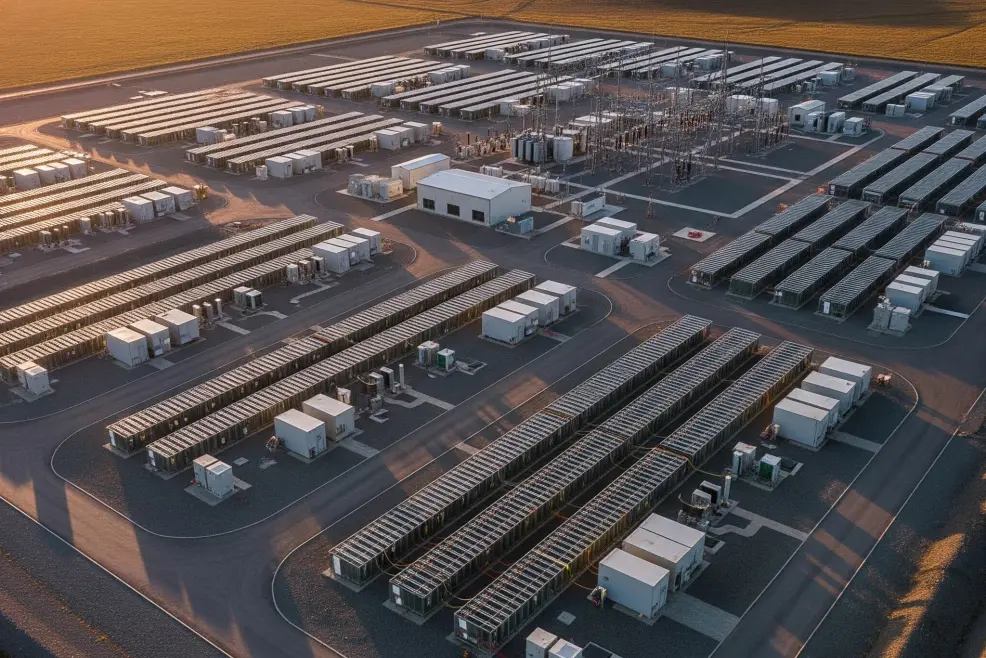 Aerial view of a battery energy storage system site.