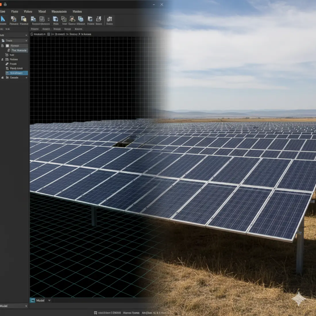 Abstract image of a a solar farm array in AutoCAD that transitions seamlessly into a photorealistic solar panel array.