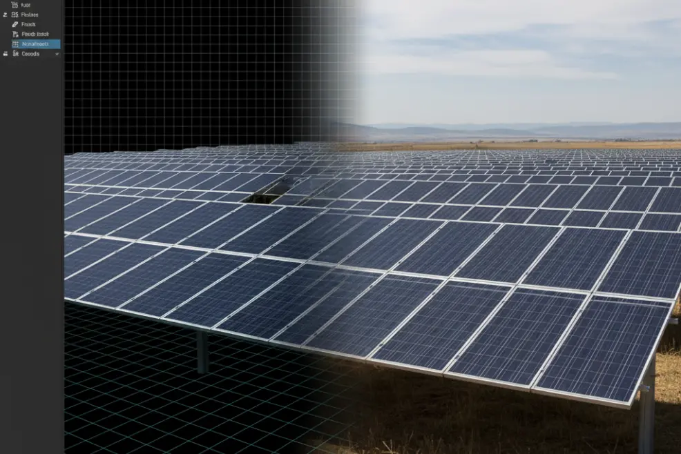 Abstract image of a a solar farm array in AutoCAD that transitions seamlessly into a photorealistic solar panel array.