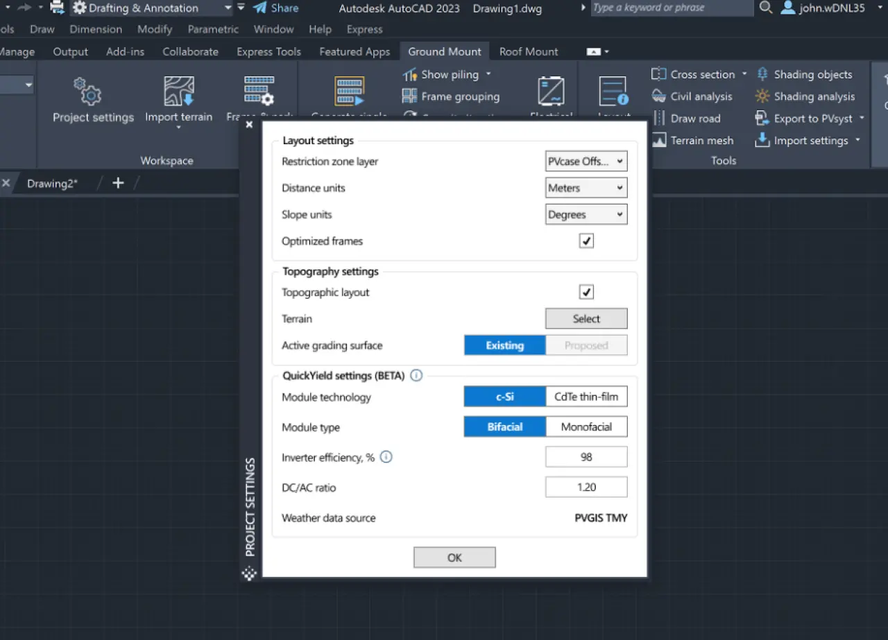 A screenshot of the Project Settings display, which includes the QuickYield settings (adjustable by module technology, type, inverter efficiency, and DC/AC ratio), on PVcase Ground Mount.
