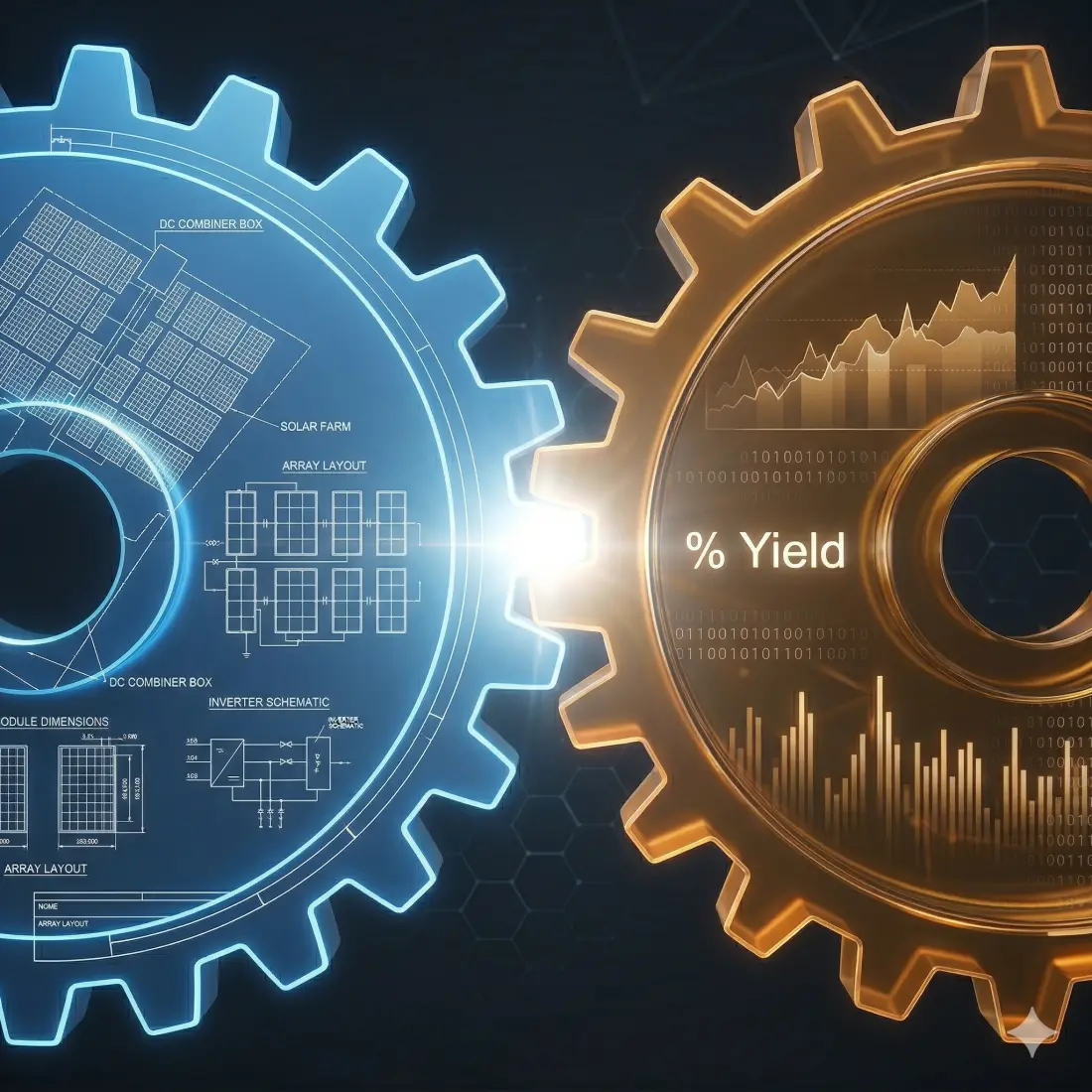 Abstract geometric art of two large, glowing interlocking 2D mechanical gears fitting together perfectly in a void. One piece is etched with technical CAD blueprints of a solar farm and solar panel schematics and is colored in tech blue; the other piece is made of translucent amber glass containing shifting data charts and a single "Yield %" symbol. The point where they meet emits a bright, clean white light, symbolizing the "Single Source of Truth."