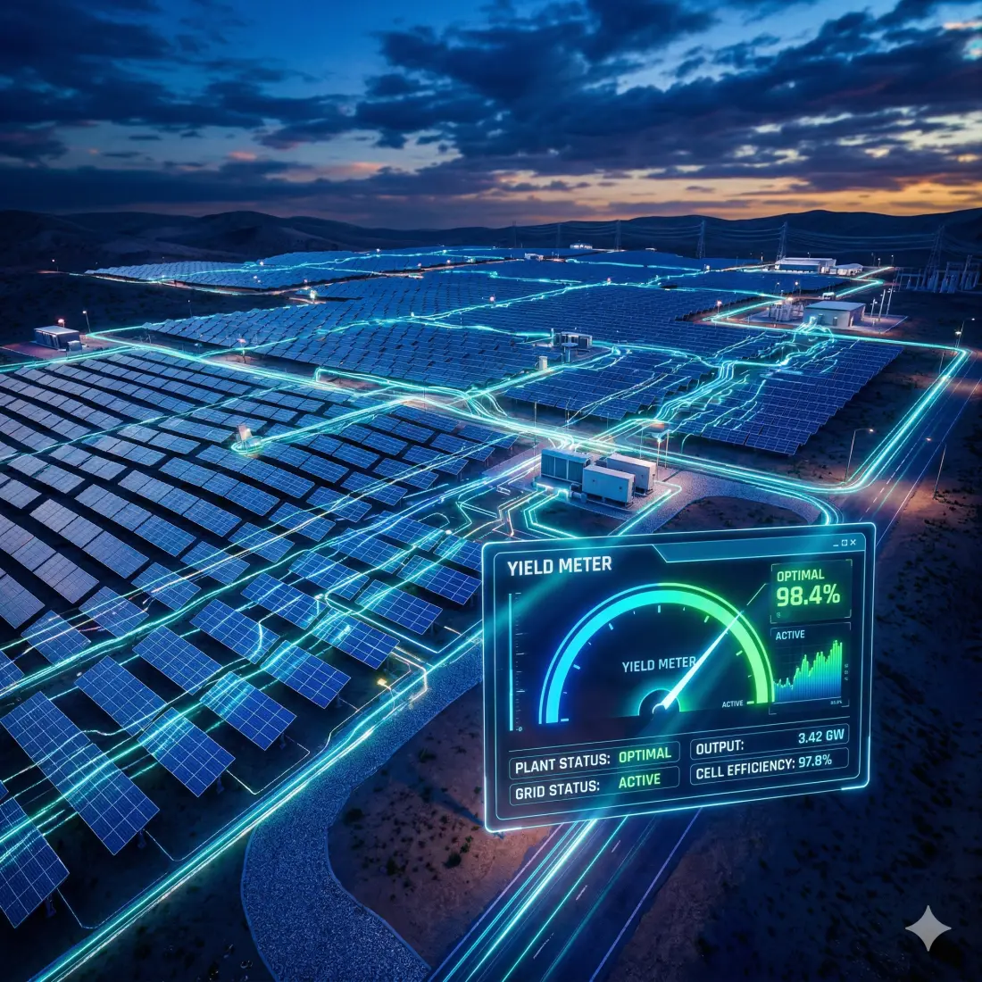 A cinematic 3D render of a sprawling solar power plant overlaid with glowing, holographic digital data streams and flowing light-trails of cyan and electric blue. In the foreground, a translucent, sleek user interface (UI) floats in the air, showing a "Yield Meter" gauge rapidly moving into a bright green "Optimal" zone.