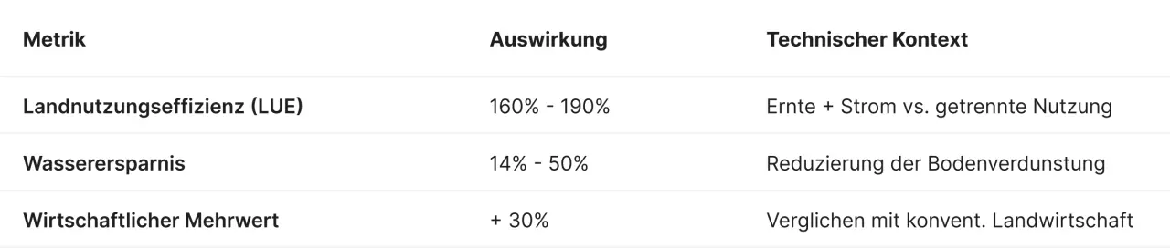 Tabelle zu Agri-Photovoltaik Metriken: Landnutzungseffizienz (LUE) von 160% bis 190%, Wasserersparnis durch reduzierte Verdunstung von 14% bis 50% und wirtschaftlicher Mehrwert bei schattentoleranten Kulturen von über 30%.