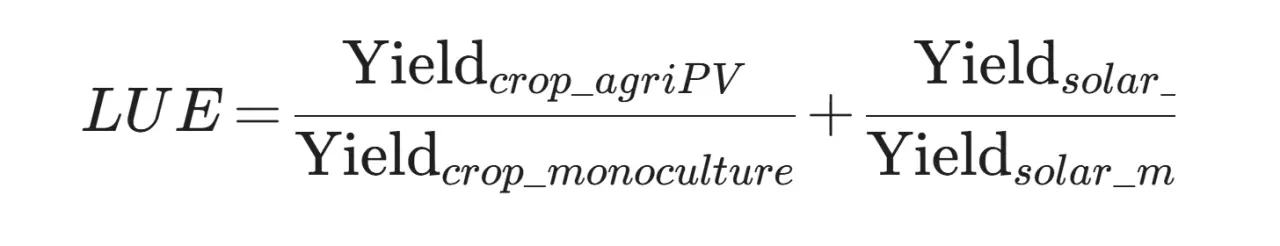 Formula to calculate the Land Use Efficiency, considering crop and solar yield.