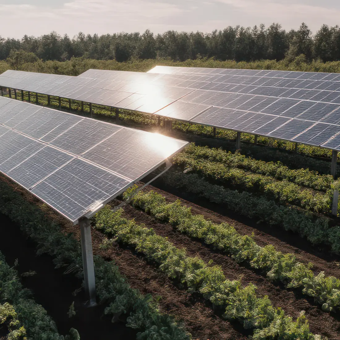 Elevated solar panel arrays installed above low-lying agricultural crops at a european agrivoltaic farm.