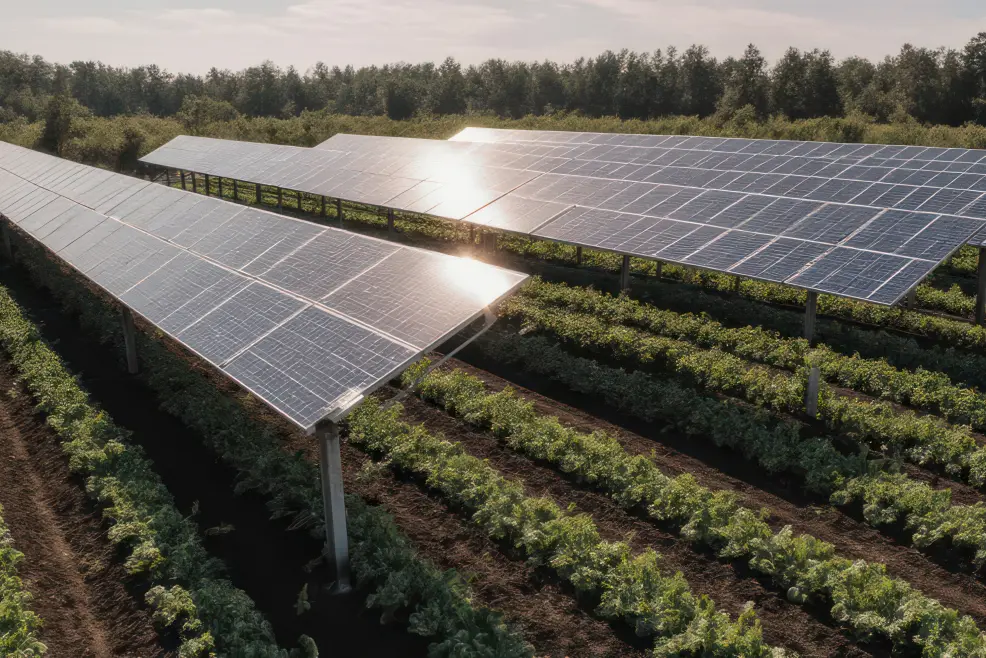 Pannelli solari installati in posizione sopraelevata sopra colture agricole a crescita bassa in un impianto agrivoltaico europeo.