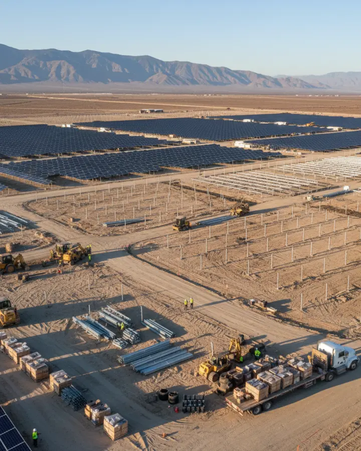 Vogelperspektive von den Bauarbeiten eines Solarparks auf der Wüste.