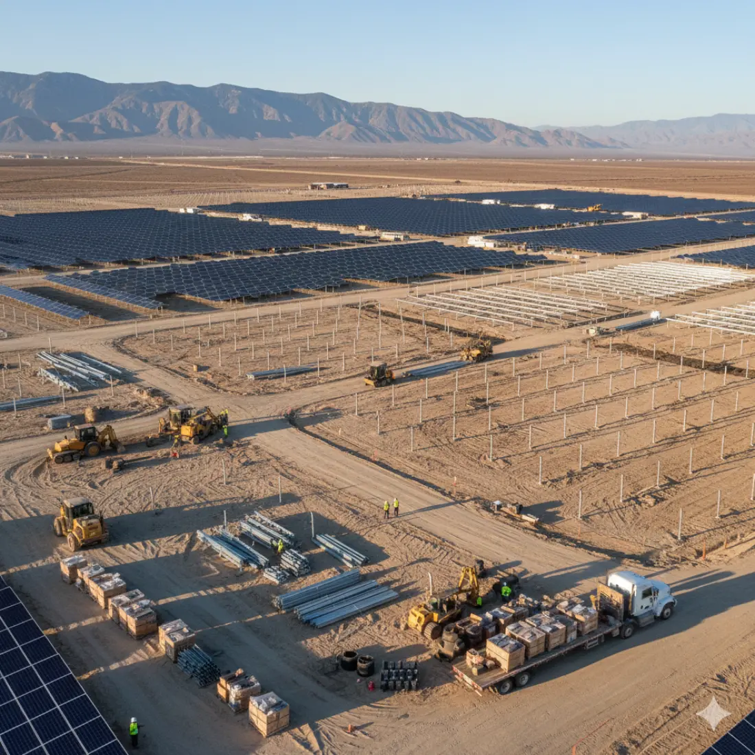 KI-generiertes Bild von dem Bau eines Solarparks im Wüstenland.
