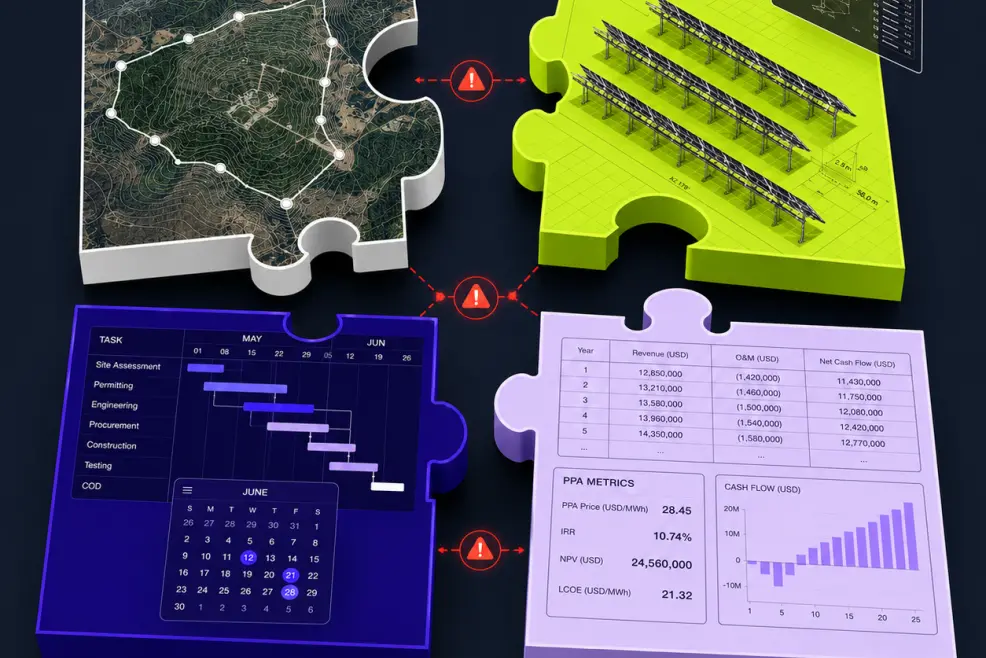 Misaligned puzzle pieces showing disconnected solar project workflows across GIS, 3D CAD, management, and finance.