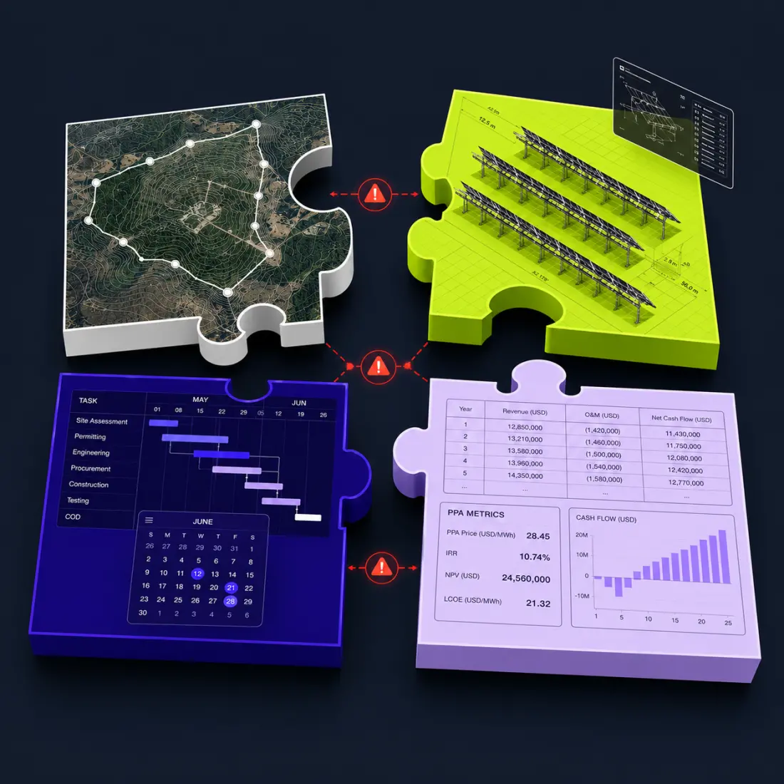 Misaligned puzzle pieces showing disconnected solar project workflows across GIS, 3D CAD, management, and finance.