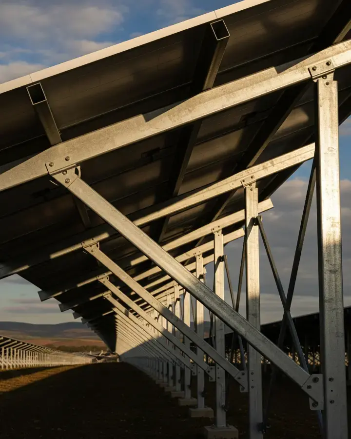 Photography of the fixed-tilt structure of a solar panel array in a solar farm.