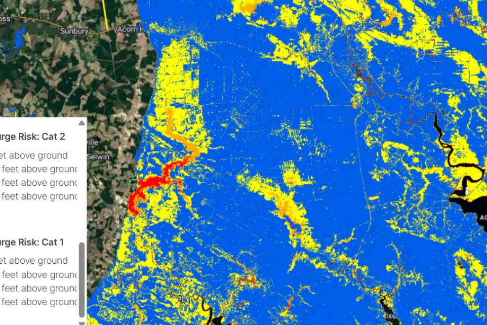 A screenshot of PVcase Prospect's Hurricane Storm Surge Risk layer displayed in colors over a map of the US.
