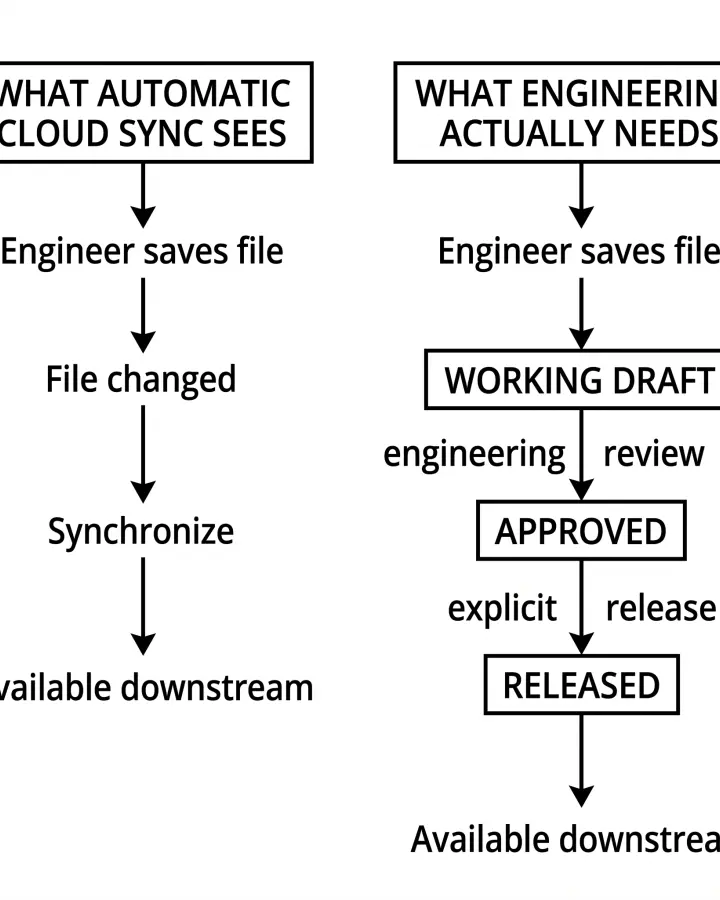 Flowchart comparing automatic cloud storage file synchronization against structured engineering review, approval, and release workflow stages.