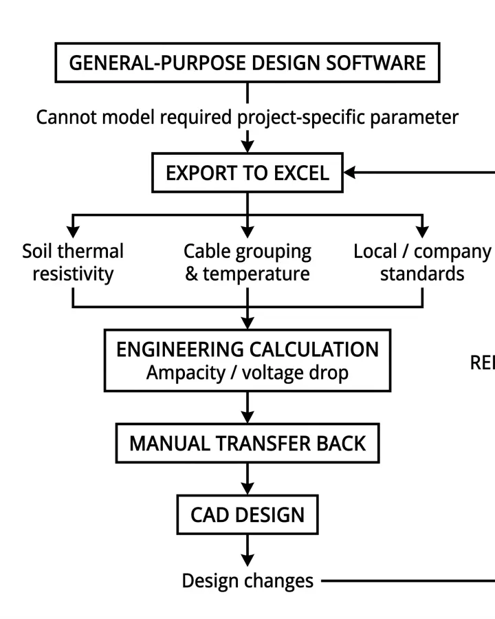 Diagram showing the manual data export loop between CAD layout software and external Excel spreadsheets for cable sizing and environmental derating calculations.