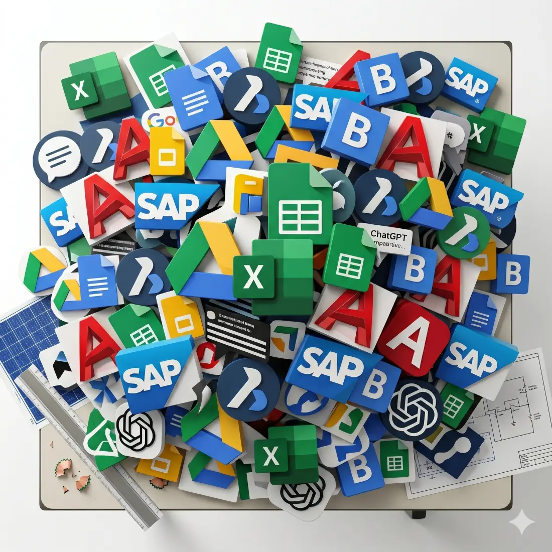 Chaotic pile of ChatGPT, AutoCAD, and office app icons overwhelming a solar drafting table, illustrating general-purpose software in solar development.