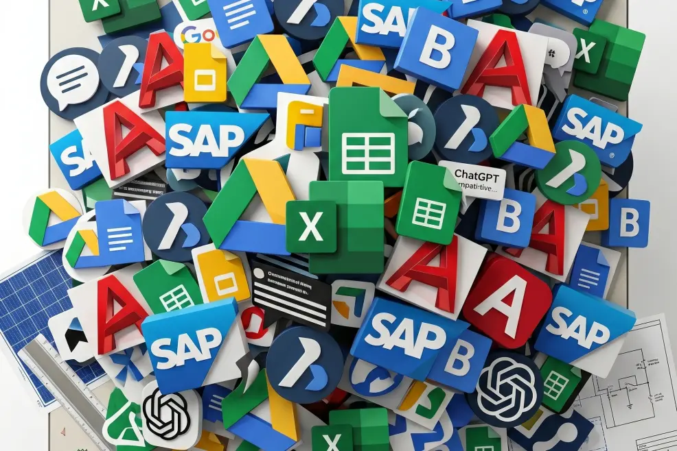 Chaotic pile of ChatGPT, AutoCAD, and office app icons overwhelming a solar drafting table, illustrating general-purpose software in solar development.