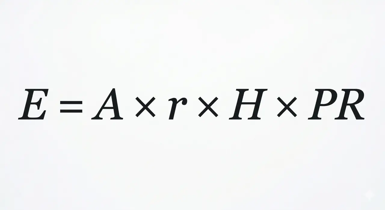 Formula to calculate the energy output of a solar farm, accounting for total solar panel area, solar panel efficiency, annual average solar radiation, and performance ratio.