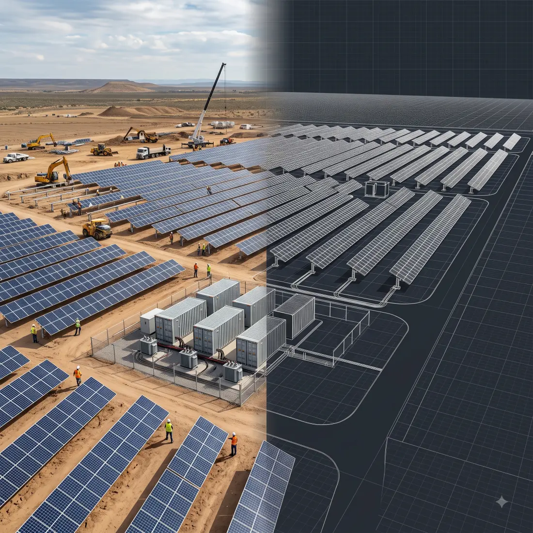 Split-screen illustration of a utility-scale solar project comparing a 3D AutoCAD layout design draft on the right with a completed solar farm and BESS storage unit on the left.