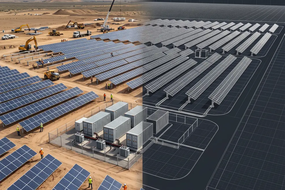 Split-screen illustration of a utility-scale solar project comparing a 3D AutoCAD layout design draft on the right with a completed solar farm and BESS storage unit on the left.
