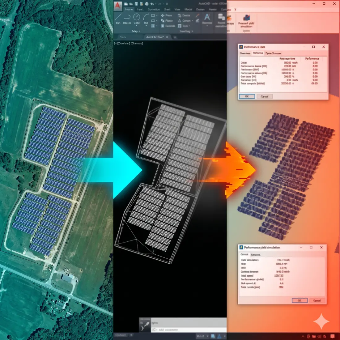 3D technical triptych illustrating solar project data degradation and loss of fidelity across a fragmented solar project software workflow, from site selection to yield simulation.
