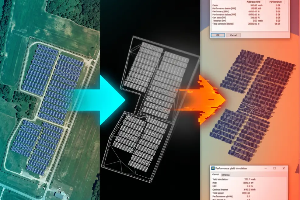 3D technical triptych illustrating solar project data degradation and loss of fidelity across a fragmented solar project software workflow, from site selection to yield simulation.
