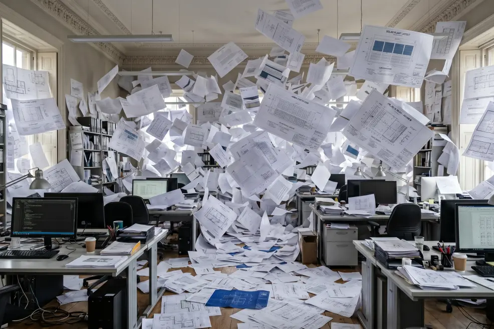 Visual representation of solar project version control chaos showing a photorealistic design studio inside a traditional Regency building overwhelmed by a central explosion of paper. Thousands of documents fly mid-air and bury drafting tables, high-performance computers, and equipment in a heavy snowfall of data. Visible on the scattered papers are identifiable utility-scale solar blueprints, inverter schematics, and site maps, while a shredded "Project: Helios Solar" development timeline is obscured on the wall. The overcast light through large windows emphasizes the massive volume of fragmented files, creating an urgent, unmanaged environment with deep field depth and no humans visible.