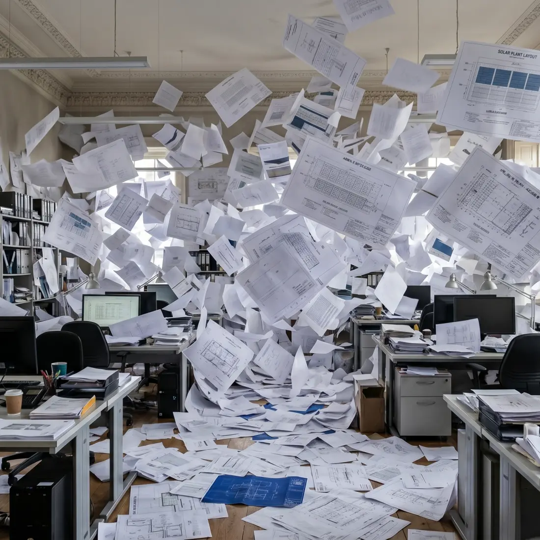 Visual representation of solar project version control chaos showing a photorealistic design studio inside a traditional Regency building overwhelmed by a central explosion of paper. Thousands of documents fly mid-air and bury drafting tables, high-performance computers, and equipment in a heavy snowfall of data. Visible on the scattered papers are identifiable utility-scale solar blueprints, inverter schematics, and site maps, while a shredded "Project: Helios Solar" development timeline is obscured on the wall. The overcast light through large windows emphasizes the massive volume of fragmented files, creating an urgent, unmanaged environment with deep field depth and no humans visible.