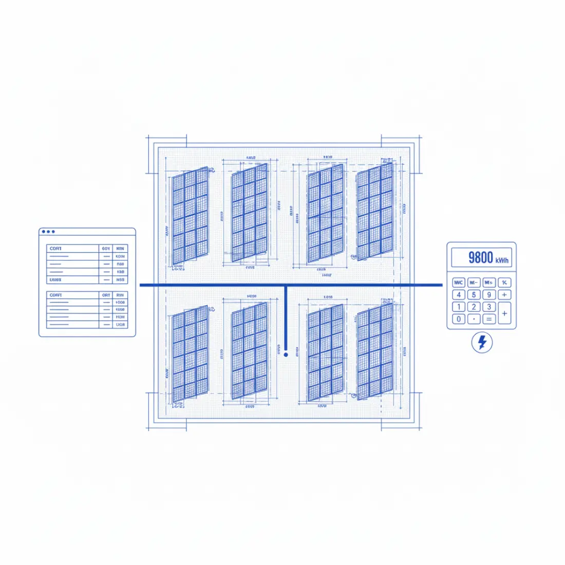 Abstract, flat-style illustration of the blueprint of a rooftop solar system connected to a digital ledger and a power output calculator.