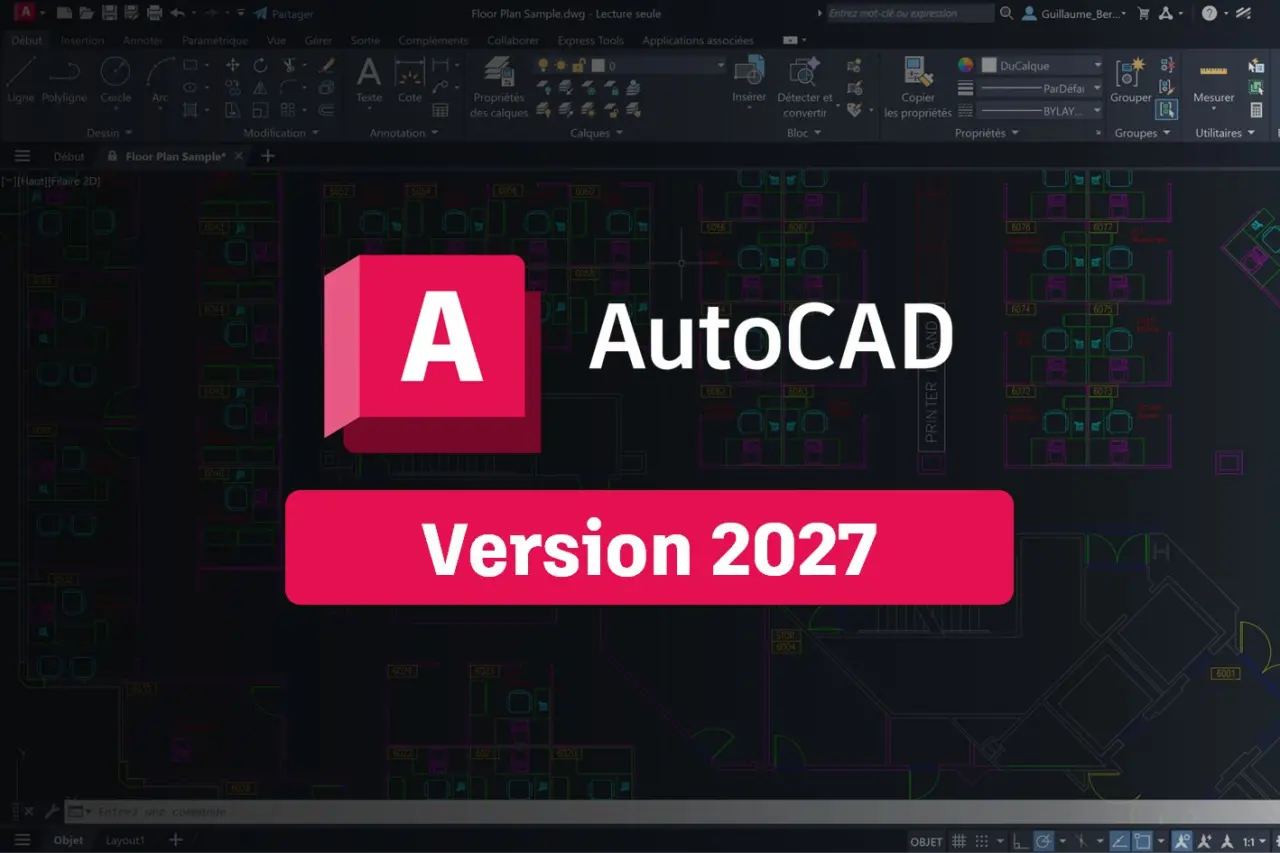 AutoCAD 2027 logo featuring a white letter A icon inside a red square with a subtitle reading version 2027, overlaid on a blurred background screenshot of an active AutoCAD project grid displaying engineering layout lines.
