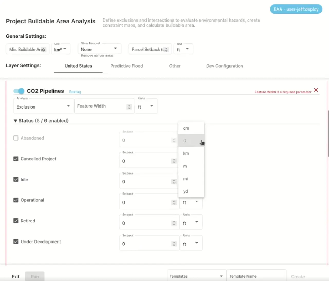 PVcase Prospect buildable area analysis user interface showing automated pipeline hazard settings for CO2 pipelines, featuring a dropdown menu for operational status configurations including abandoned, canceled project, idle, operational, retired, and under development, along with a setback distance input field supporting measurement units in centimeters, feet, kilometers, miles, yards, and meters.