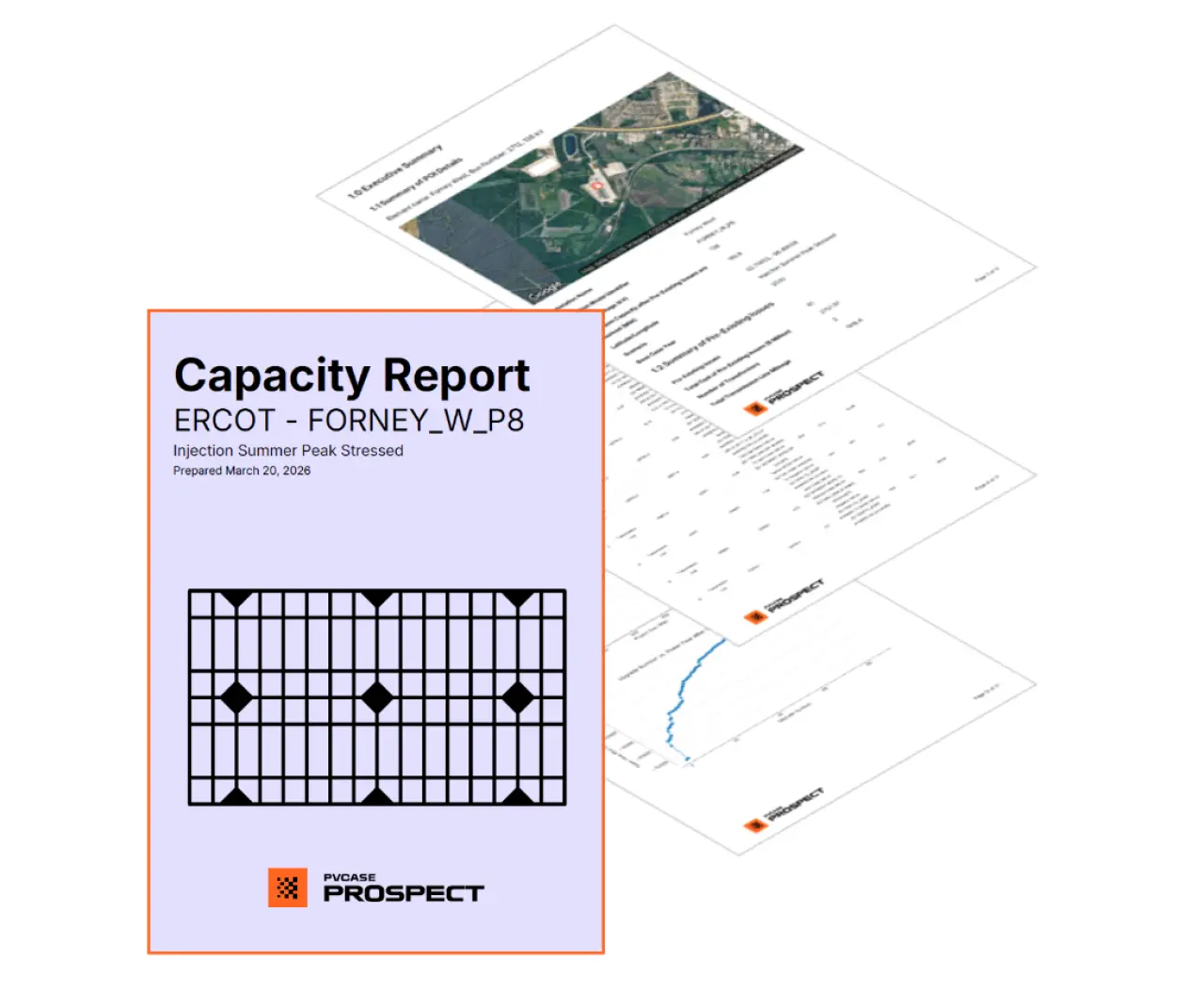 PVcase Prospect capacity reporting optimization feature showcase showing a 3D rendering of multi-page capacity reports