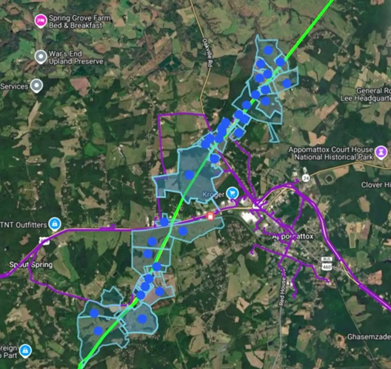 PVcase Prospect parcel search interface mapping colored fiber optic and gas lines over Appomattox satellite imagery