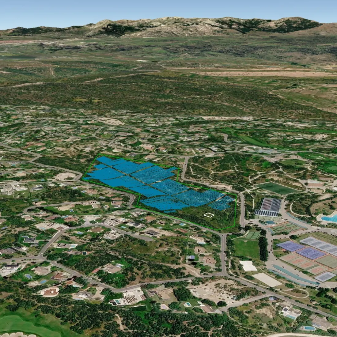 PVcase Ground Mount 3D solar power plant layout design exported as a KML file into Google Earth satellite view.