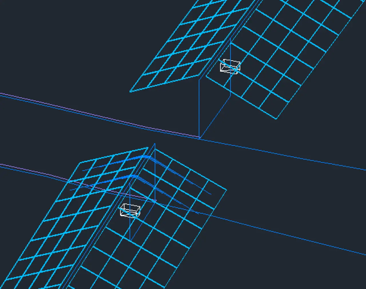 A 3D design from PVcase Ground Mount showing a utility-scale East-West solar panel layout grid with a close-up focus on electrical components rendered as elevated 3D blocks mounted directly onto the structure beneath the solar modules.