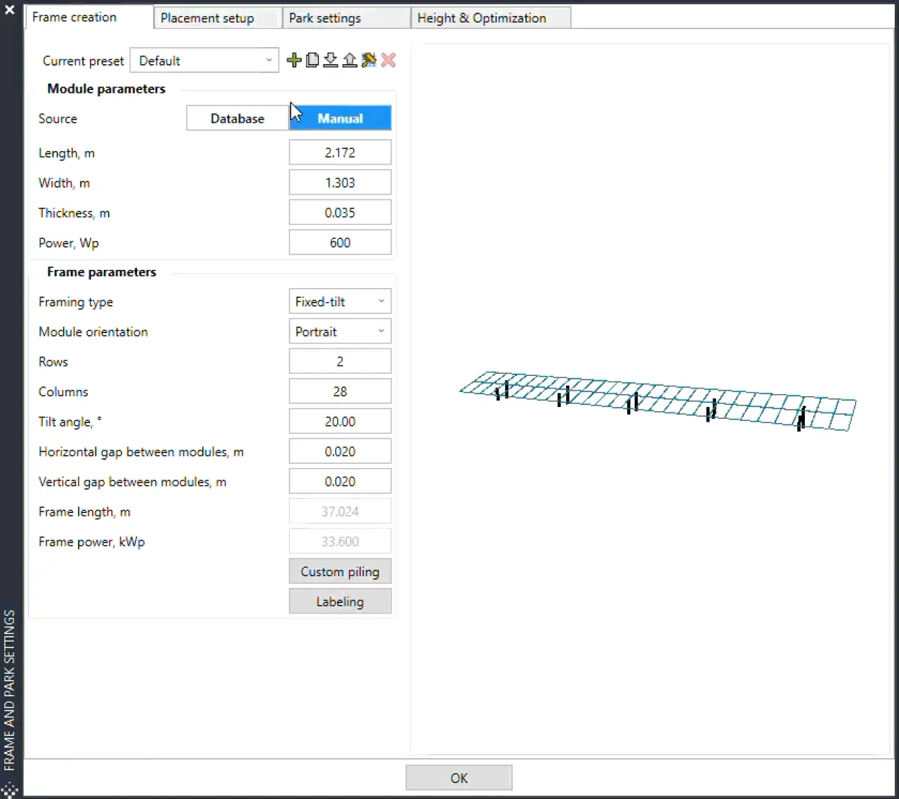 Animated GIF of the PVcase Ground Mount component database interface showing a cursor selecting between cloud database tracking and manual data input; the cloud database tab features dropdown selections for certified manufacturer models and real-time certified equipment specifications, while the manual input tab displays custom fields for module length, height, width, and physical dimensions.
