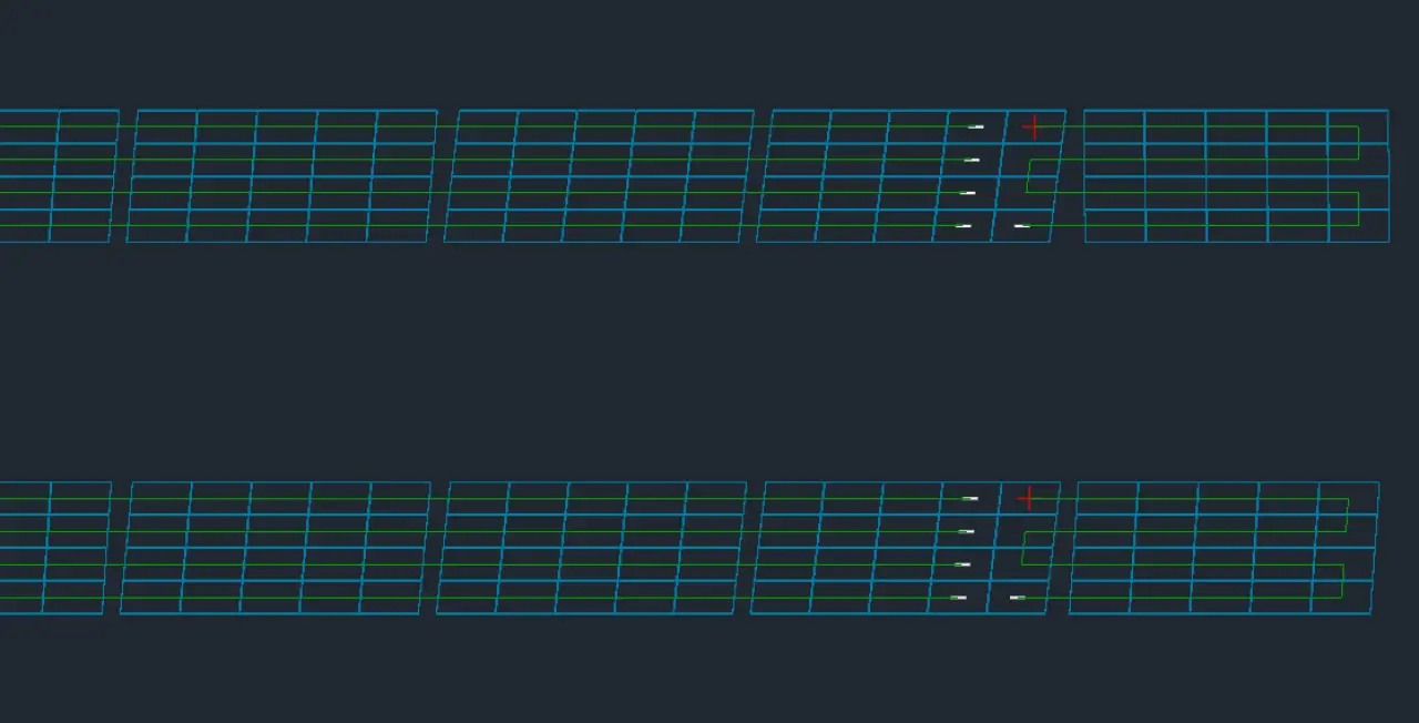 Top-down grid view screenshot from PVcase Ground Mount showing two solar module arrays with green colored electrical stringing lines; the display demonstrates automated continuous stringing where four modules are wired sequentially while a leftover module in each array is managed as an unstrung component with a custom S-shaped wiring configuration.