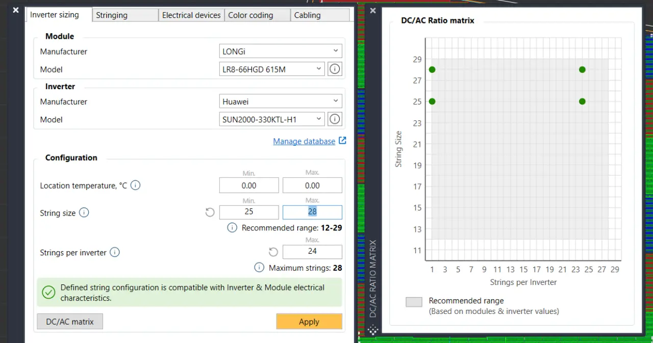 PVcase Ground Mount inverter sizing user interface displaying two panels: an inverter sizing menu showing PV module manufacturer and model, inverter manufacturer and model, and configuration parameters including location temperature and string size; alongside a DC/AC ratio matrix graph with string size on the y-axis and strings per inverter on the x-axis, featuring four green dots indicating the selected ratio and a wide square defining the recommended design range.