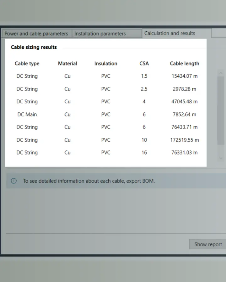 Screenshot of the sizing results display of the Automated Cable Sizing feature on PVcase Ground Mount for an example project. It details the cable type, material, insulation, CSA, and length for all used cables.
