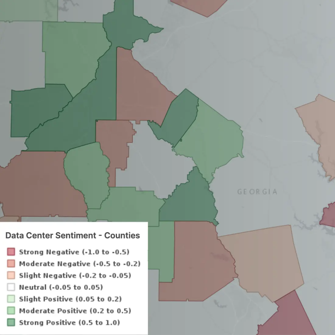 Screenshot of the Data Center Community Sentiment layer on PVcase Prospect, depicting the different sentiments towards data centers in a red to green pallette by counties over Georgia.