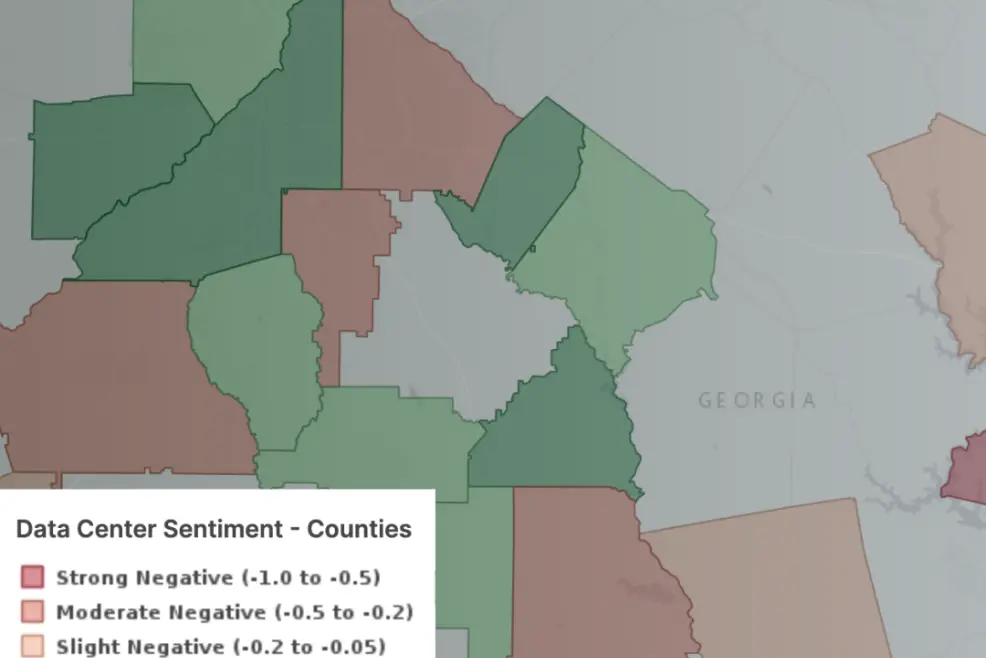 Screenshot of the Data Center Community Sentiment layer on PVcase Prospect, depicting the different sentiments towards data centers in a red to green pallette by counties over Georgia.