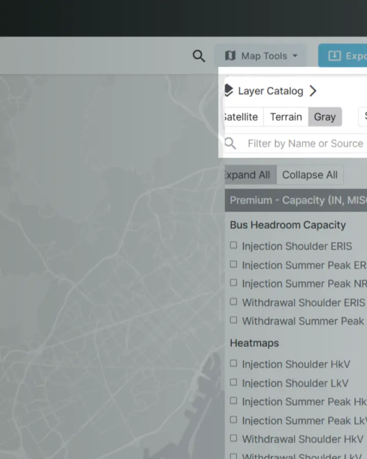 Screenshot of the Grayscale Basemap backdrop on PVcase Prospect over display of different capacity layers (Bus Headroom and Heatmaps) and a streemap of Barcelona.