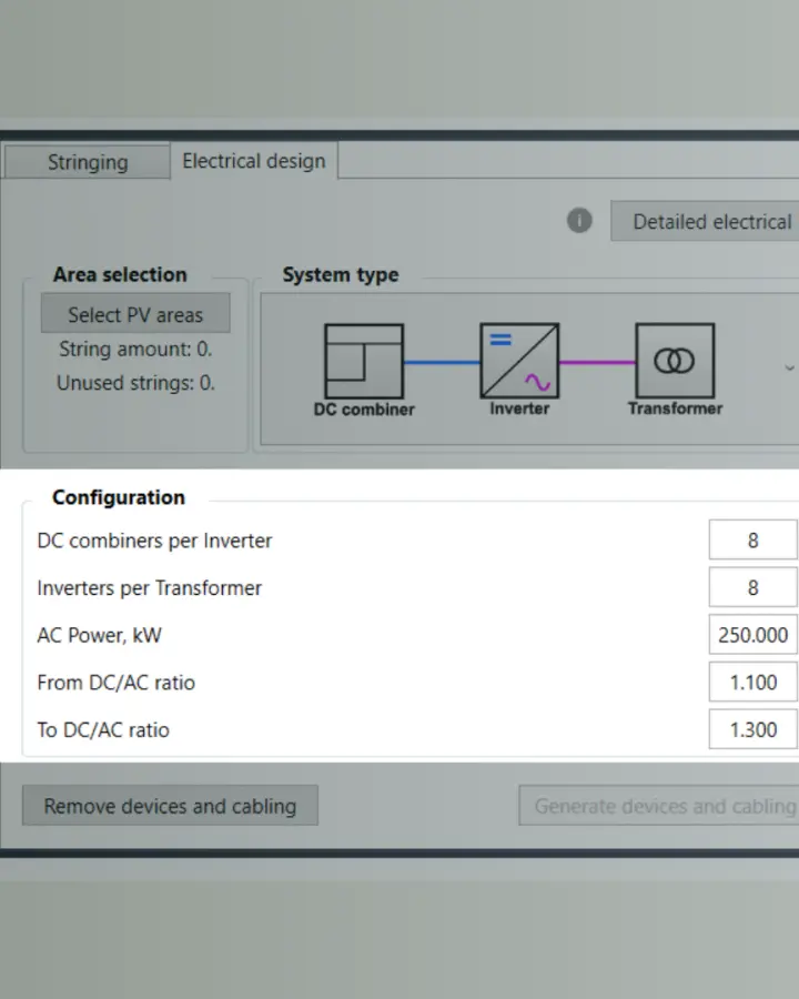 Screenshot of the configuration display of the Preliminary Electrical Design on PVcase Ground Mount, showcasing Inverter per transformer ratio cells, DC to AC ratio cells, and AC Power in kW cells to fill out.