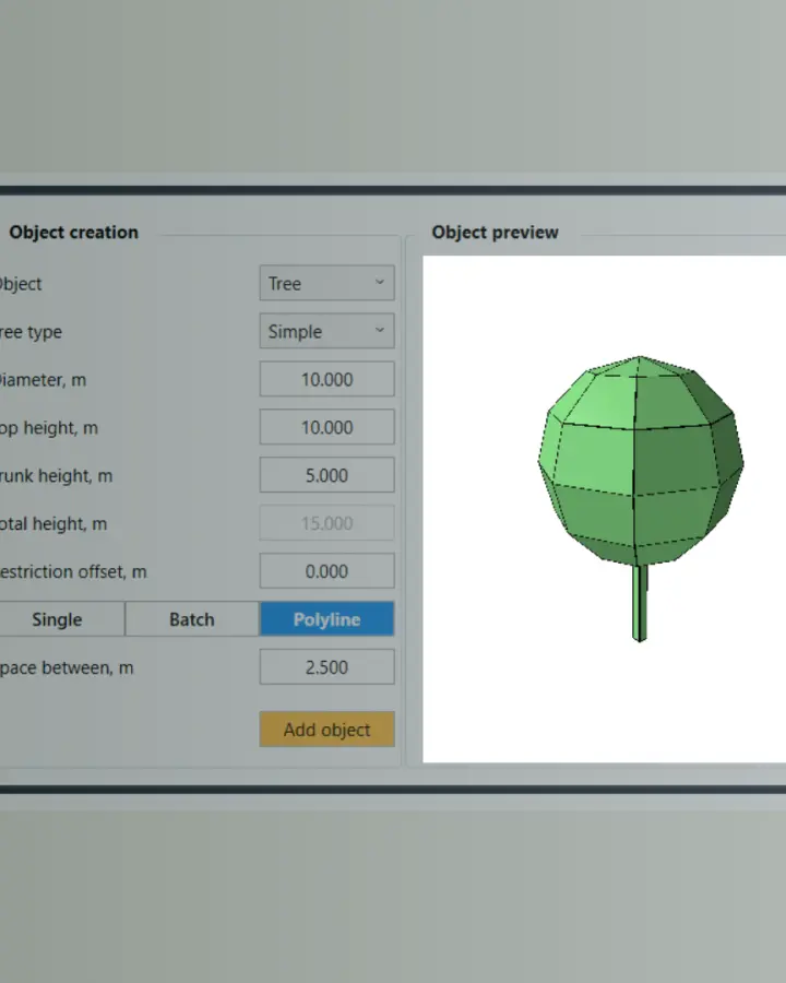 A screenshot of the Custom Shading Objects display on PVcase Ground Mount, with cells for user input for the object type, diameter, height, restriction height, the render lines and a preview of said object.