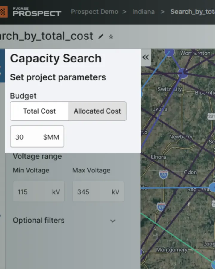 Screenshot of the Capacity Search by Cost display on PVcase Prospect, showing the tabs "Total Cost" and "Allocated Cost" and a data cell to fill out over a map of a county in the United States.